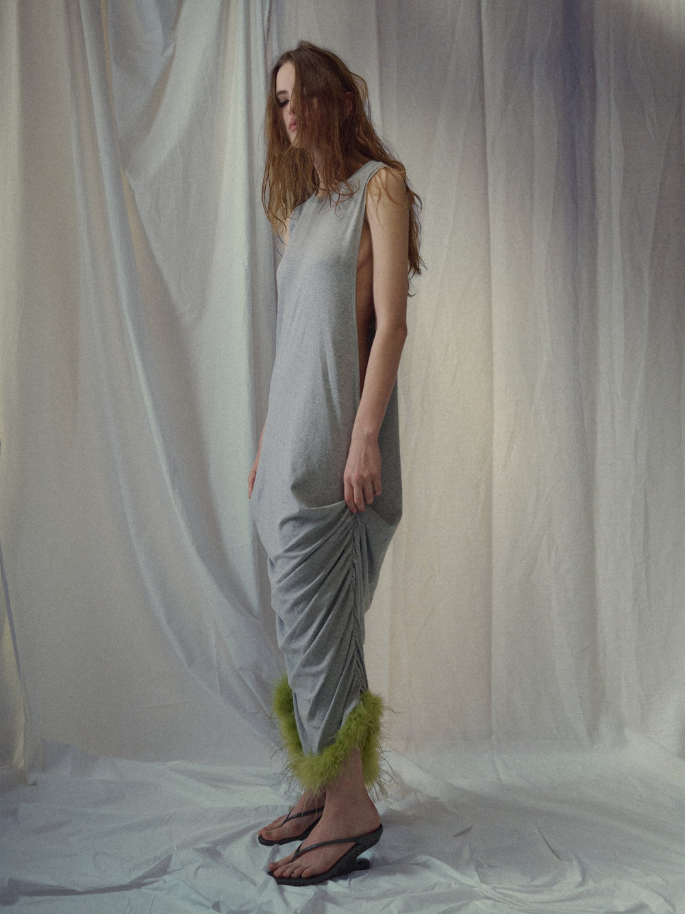 Feather Trim Cut-Out Armhole Dress