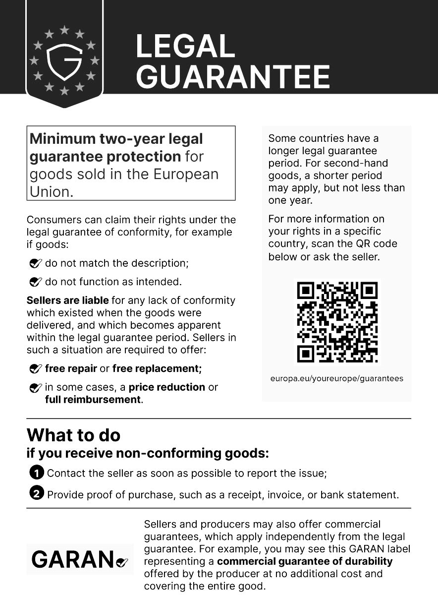 Legal guarantee. Harmonised notice on the legal guarantee of conformity.