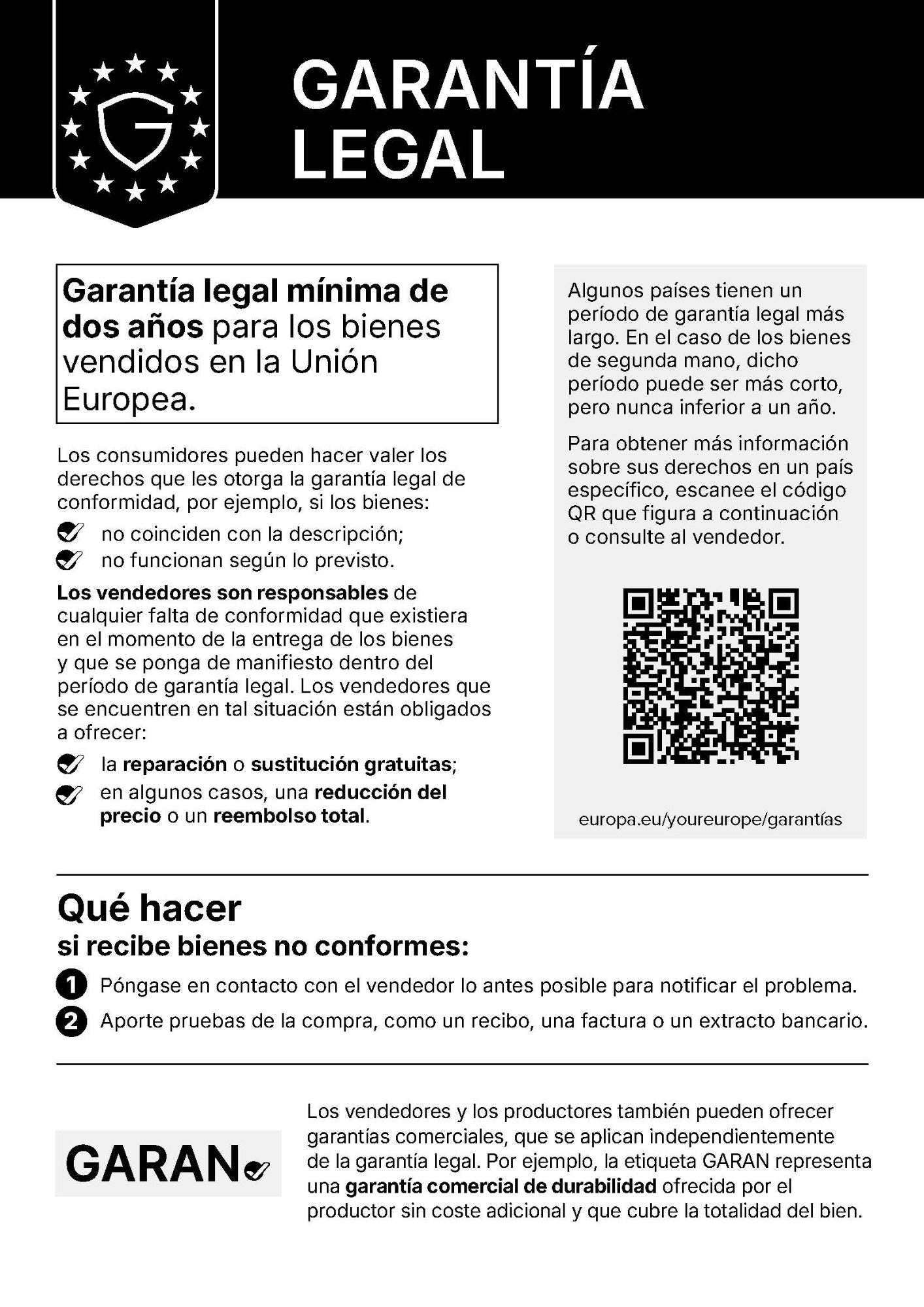Garantía legal. Aviso armonizado sobre la garantía legal de conformidad.